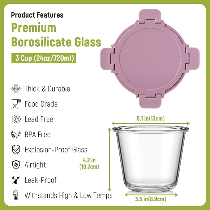 [UPGRADED LID] 6 Sets 3 Cup/24oz Borosilicate Glass Meal Prep Containers with Lids, Food Storage Bowl Jars for Soup Leftover Meal Lunch Oats Fruit Deli Salads - Microwave, Oven, Freezer Safe -BPA Free - Image 5
