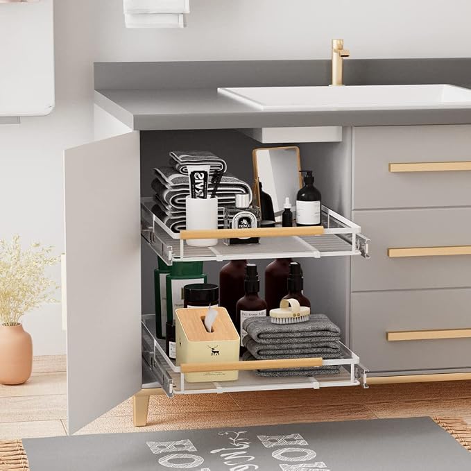 Expandable Sliding Basket Drawer, Pull-Out Cabinet Organizer, Heavy Duty Slide Out Pantry Shelves for Kitchen, Under Sink, Bathroom, Wardrobe, 22''D - Image 3