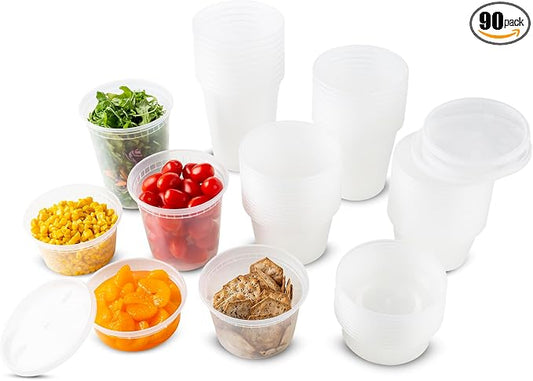 DuraHome Food Storage Containers with Lids Freezer Deli Cups 90 Sets Expanded Combo Pack 8oz 12oz 16oz 24oz & 32oz BPA-Free Leakproof Round Clear Takeout Meal Prep Microwavable, Airtight Lids by DuraHome