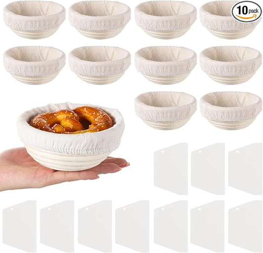 Mini Banneton Basket, Pack of 10 Proofing Basket, Banneton Bread Proofing Basket, Mini Sourdough Banneton Basket, Bakery Baking Bowls With Liners And Scrapers, Bread Baking Supplies by Tideme