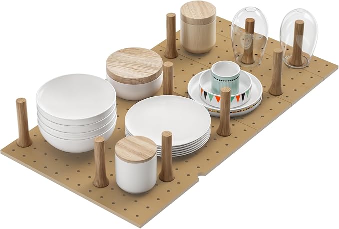 Dowell 4-Piece Wood Pegboard Drawer Divider Organizer Set with 9 Wooden Pegs – Adjustable to Fit Drawers of Various Sizes, Customizable Storage for Pots, Pans, and Plates-4007 3319 9P (33"X18-1/2") by DowellKitchenBath