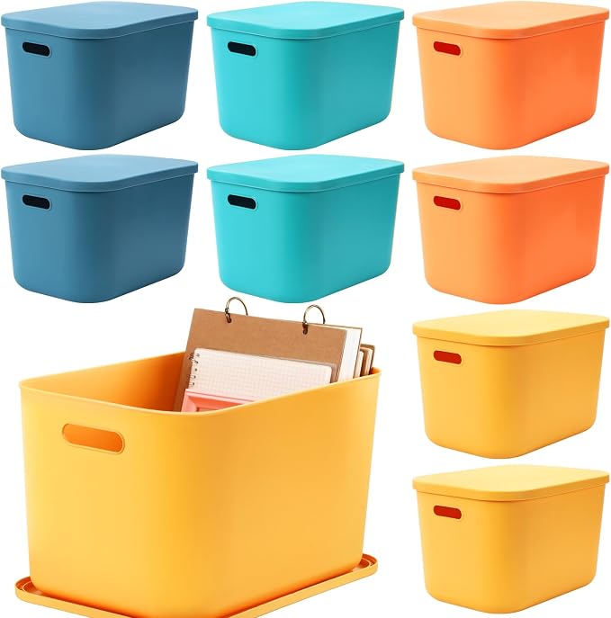 8 Pieces Colorful Storage Bins with Lid, Plastic Storage Basket Organizing Container Stackable Box with Handle for Shelves Desktop Playroom Office(14.2 x 10.2 x 9.5 Inch,Multi-colored) by Hoolerry