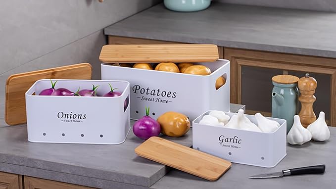 Kitchen Vegetable Storage Tins Set Of 3, Potato Onion Garlic Canisters | Storing potatoes, onions, and garlic. Features aerating holes to keep vegetables fresh and wooden lids for a stylish look - Image 2