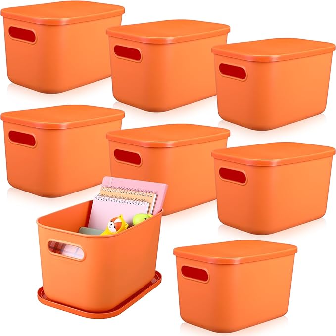 8 Pieces Colorful Storage Bins with Lid, Plastic Storage Basket Organizing Container Stackable Box with Handle for Shelves Desktop Playroom Office(10.2 x 7 x 6.3 Inch,Orange) by Hoolerry