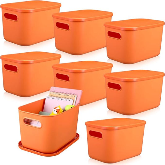 8 Pieces Colorful Storage Bins with Lid, Plastic Storage Basket Organizing Container Stackable Box with Handle for Shelves Desktop Playroom Office(10.2 x 7 x 6.3 Inch,Orange) by Hoolerry