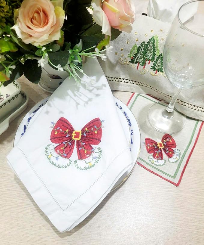 Embroidered Cloth Napkin Red Bow Christmas Cotton Napkins Set of 6, 20x20 Hemstitch Table Napkins, Machine Washable, Daily & Holidays, Great Gift Ideas - Image 5