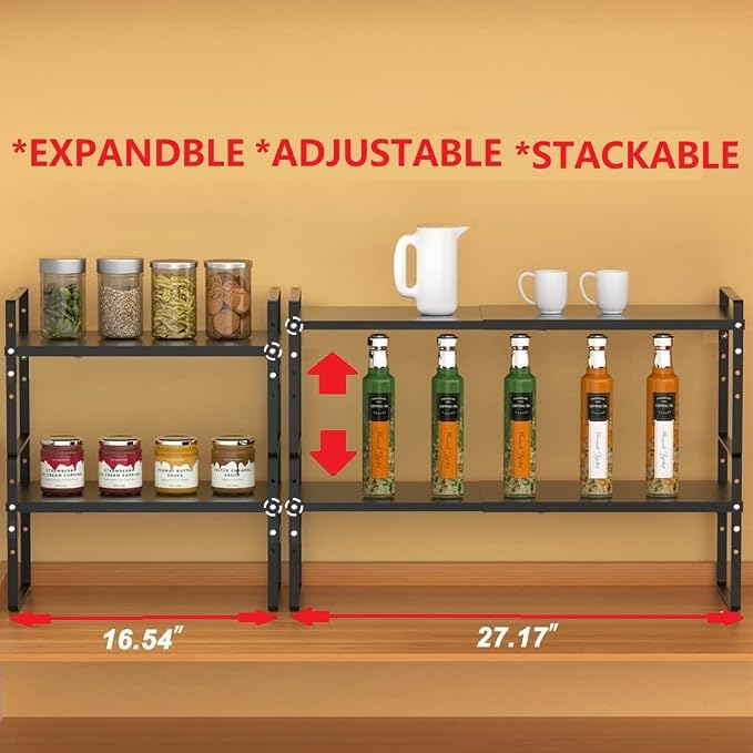 Jojocross Expandable Stackable Spice Rack Cabinet Shelf Organizer in Cabinets Shelves Kitchen Cupboard Organization Stack up Racks Pantry Countertop Storage Large/Black 2 Packs - Image 4