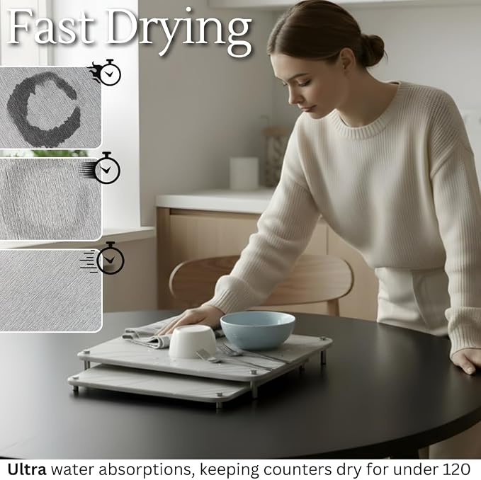2 PCs Nesting Stone Drying Mat for Kitchen Counter - Fast, Heat Resistant Stone Dish Drying Mat with Non-Slip Feet - Image 3