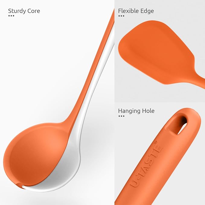 U-Taste Silicone Kitchen Cooking Utensil Set of 5, 13.6" Long, Orange | 600ºF Heat Resistant Food Grade Kitchen Tools&Gadgets, Extra Long Wide Spatula Turner Spoon Ladle for Serving Mixing Stirring - Image 5