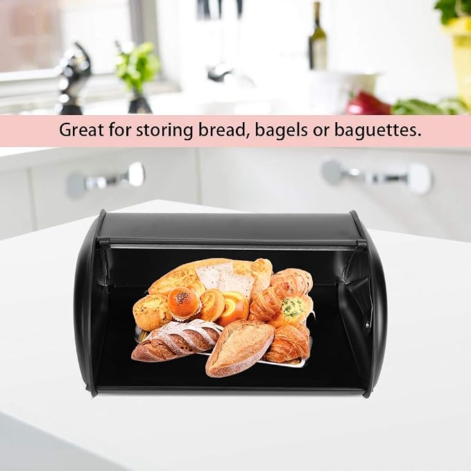 Bread Box for Kitchen Countertop, Stainless Steel Bread Holder, Large Capacity Bread Storage Container, Metal Bread Bin, Morden Bread Box with Rolling Door for Homemade Breads, Pastries,(Black) - Image 5