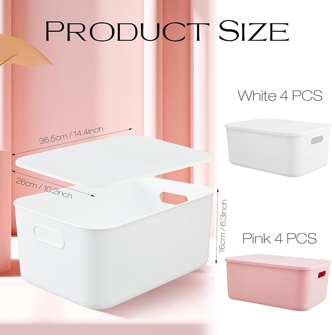8 Pieces Colorful Storage Bins with Lid, Plastic Storage Basket Organizing Container Stackable Box with Handle for Shelves Desktop Playroom Office(13.8 x 9.8 x 5.9 Inch,White and Pink) - Image 2