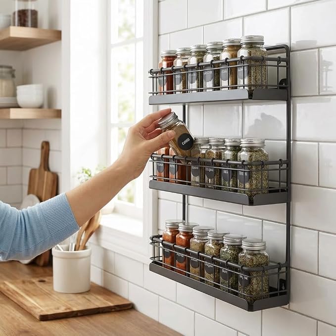 Spectrum 3 Tier Hanging Spice Rack for Wall Black Steel Kitchen Spice Organizer, Wall Mounted Metal Three Tier Metal Spice Organizer Rack for Kitchen Cabinet Pantry Organization - Image 5