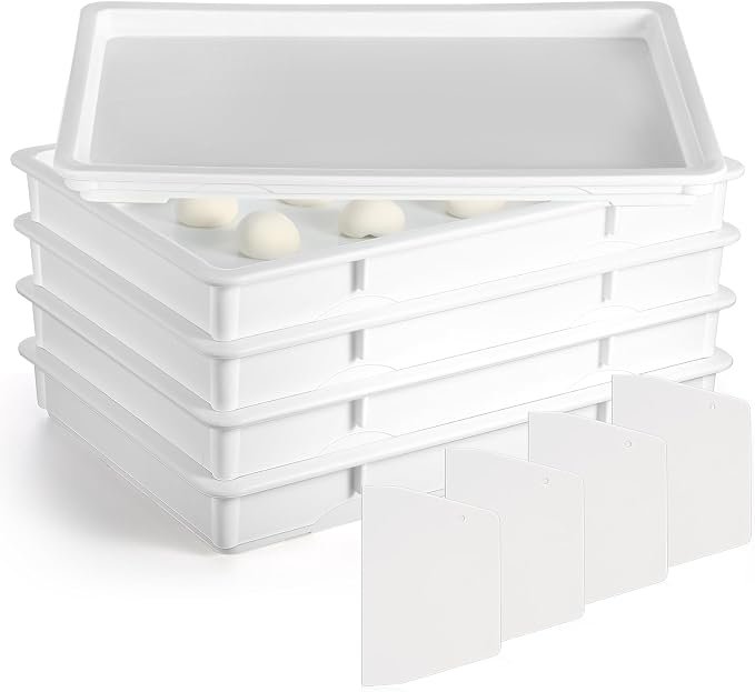 Tioncy 4 Pcs Pizza Dough Proofing Box Dough Container Stackable Trays with Lids Pizza Storage Container Collapsible for Storage Safekeeping, 25.98'' x 17.91'' x 3.23'', 4 Trays and 1 Covers by Tioncy
