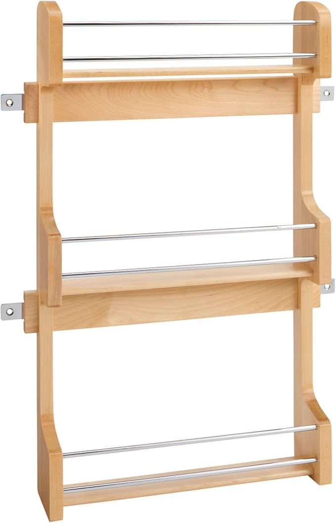 Rev-A-Shelf 18" 3 Tiered Pull Out Shelf Organizer for Kitchen Cabinets, Pantry Storage Spice Seasoning Rack, Door/Wall Mounted, Maple Wood, 4SR-18 by Rev-A-Shelf