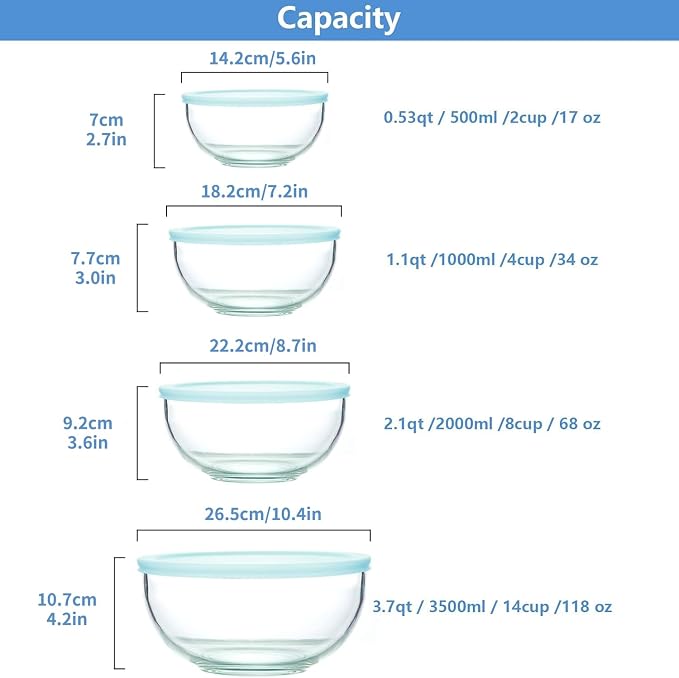 WhiteRhino 8 Piece Glass Bowls with Lids, Heat Resistant Glass Mixing Bowls Set (3.7QT, 2.1QT, 1.1QT, 0.53QT), Clear Salad Bowls with BAP-Free Lids for Kitchen, Oven Microwave Dishwasher Safe - Image 2
