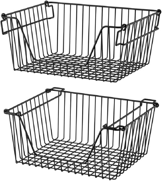 Slideep 14'' Black Stackable Storage Baskets Sturdy Metal Wire Freezer Bins Cabinet Organizer for Pantry Home Bathroom Kitchen Organization- Set of 2 by WelcometotheSlideep