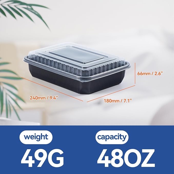 48oz Bento Boxes with Lid - Shrink-Wrapped Ready to Use 40 Pack | Leak proof No Pre-Wash BPA Free PP | Freezer to Microwave Safe | Commercial Black Food Storage To Go Containers - Image 2