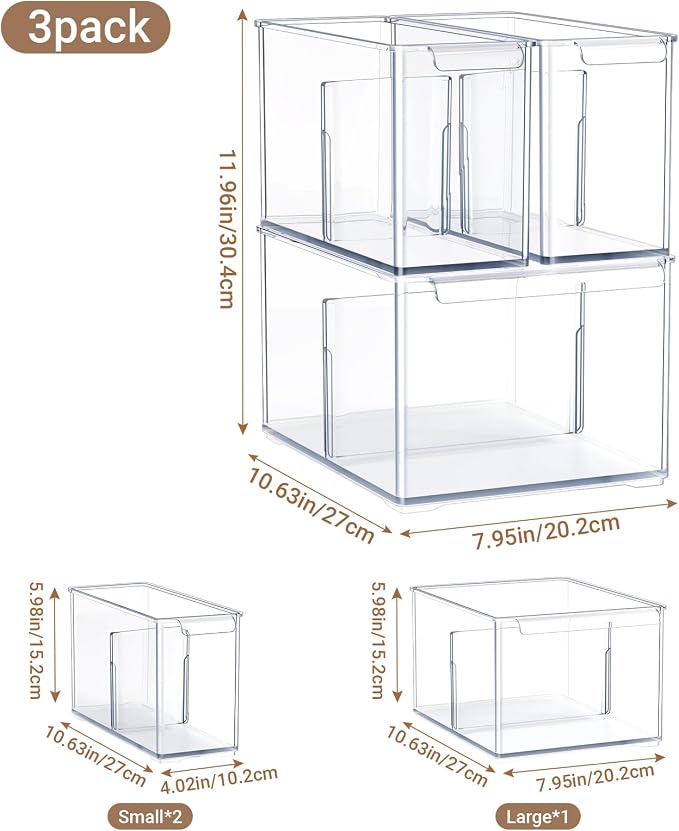 Clear Plastic Storage Bins with Dividers for Fridge Pantry Organizers and Storage Containers, 3 Pack Acrylic Stackable Sturdy Storage Boxes for Home Edit and Cabinet Organizers C6-1 - Image 2
