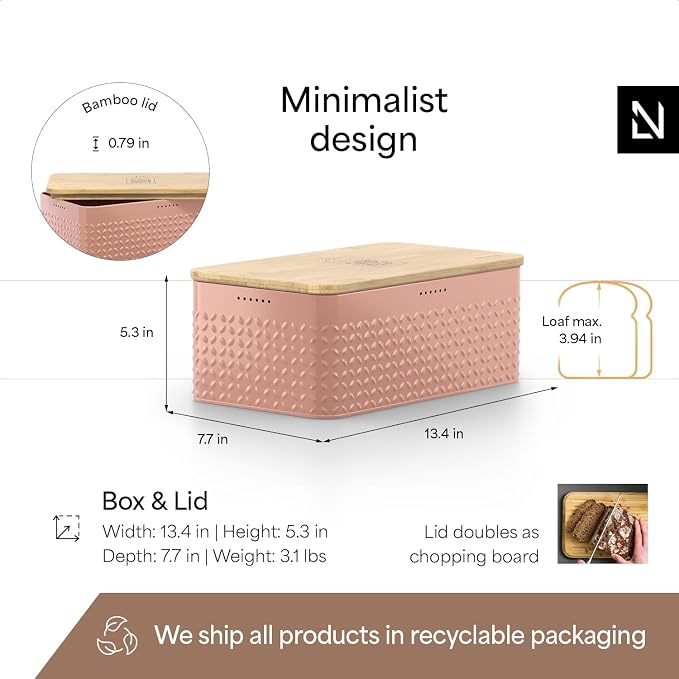 LARS NYSØM Bread Box I Metal Box with linen bag for long lasting freshness I Bread Bin with bamboo lid usable as cutting board I 13.4x7.3x5.3In (Blush Rose) - Image 4