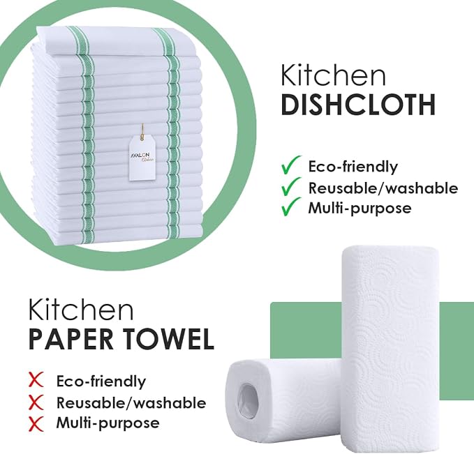 Dish Towels 15 Pack Green Stripe 100% Cotton Kitchen Towel 15x25 Inch Tea Towels, Dish Cloths for Washing Dishes, Kitchen Rags for Drying Dishes - Image 2