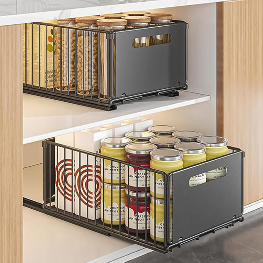 YunNasi Pull Out Cabinet Organizer, Black, 2Piece 9.8" W X15 D X7.5 H | Slide Out Drawer Storage Shelves, Cupboard Organiser, Sliding Cabinet Basket for Kitchen, No Drilling and Nailing by YunNasi