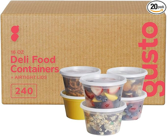 GUSTO 16 oz Plastic Deli Containers with Lids [240 Sets] Food Storage | Microwave, Dishwasher & Freezer Safe, Disposable or Reusable, BPA Free, Leak-Proof, Soups, Takeout, Meal Prep & Leftovers by GUSTO