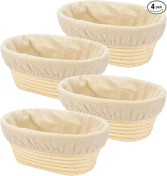 4PACK 8 inch Oval Bread Proofing Basket Banneton Bread Dough Proofing Rising Rattan Basket & Liner for Baking Bread Making by Stormshopping