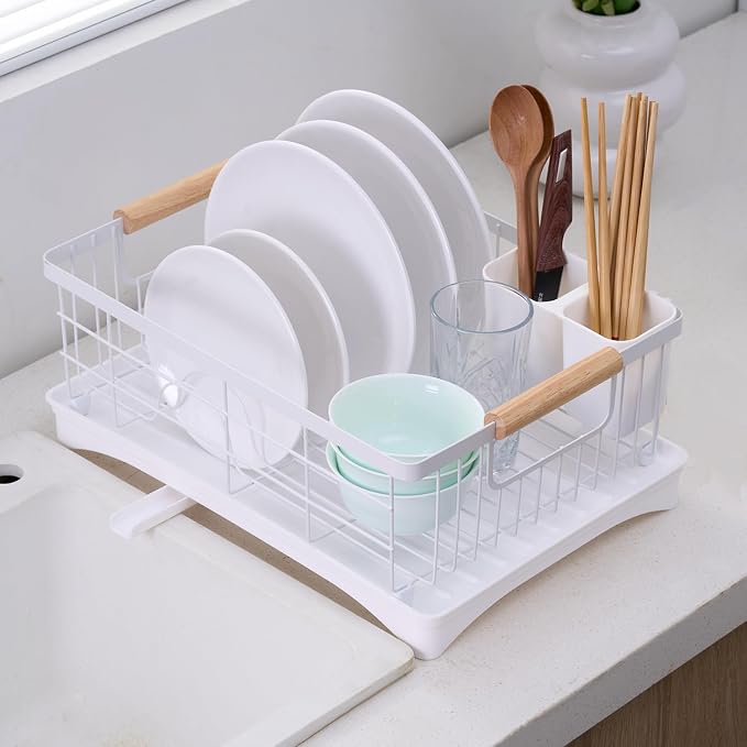 Dish Drainer Rack - Plate, Cutlery, Pots, and Pans Drying Rack for Kitchen with Beechwood Handles - Modern Retro Design Drip Tray with Metal Rack - White - Image 7
