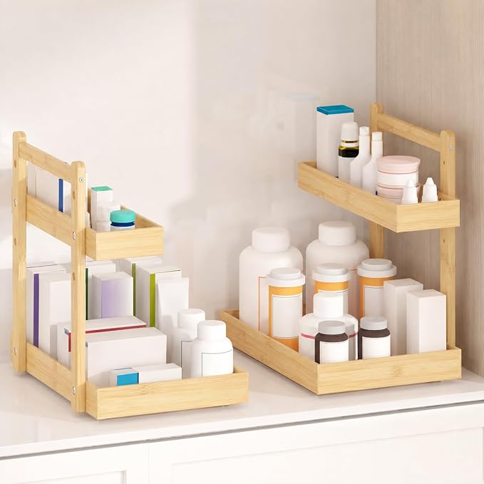 Bamboo Under Sink Organizer, 2-Tier Pull Out Cabinet Organizer | Kitchen Sink Organizer | Bathroom Cabinet Organizer | Cleaning Supply Storage | L-Shape | 3-Level Adjustable | Natural Bamboo - Image 4