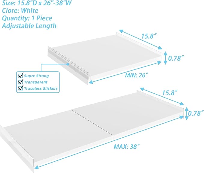 Expandable Closet Tension Shelf Organizers, 1 Pack Cabinet Rack Storage for Wardrobe Divider Shelves Pantry Cupboard Kitchen (White,15.8" D x 26"-38" W,1PCS) - Image 3