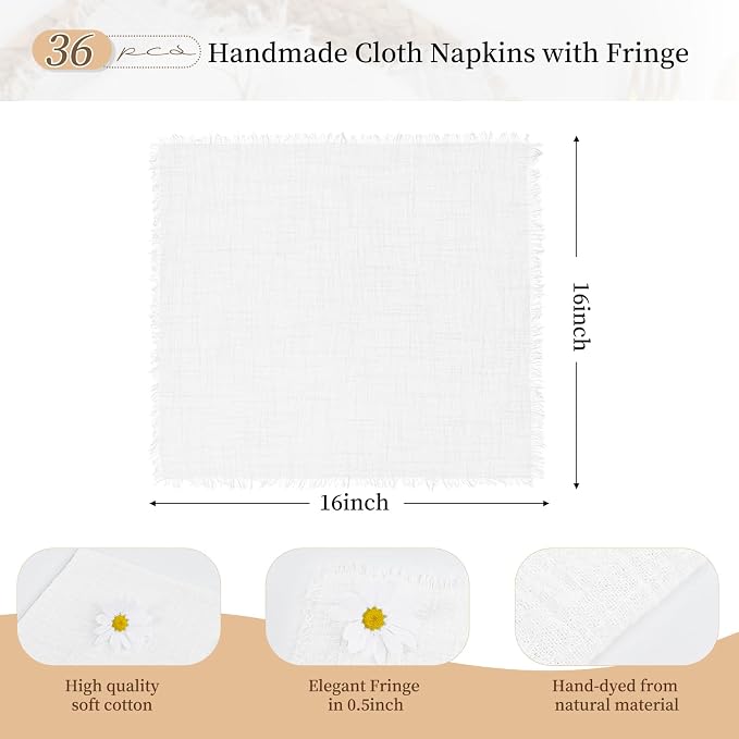 36 Pack White Cloth Napkins Cotton Linen Napkins 16 x 16 Inch White Napkins Cloth Handmade with Fringe Soft Napkins Cloth Washable Rustic Dinner Napkins Cloth for Wedding Party Dinner Table - Image 2