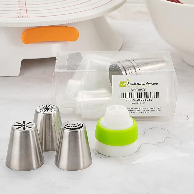 Restaurantware Pastry Tek Russian Piping Tips Set 20 Piece Durable Cake Decorating Kit - 9 Piping Tips 10 Piping Bags Stainless Steel Piping Bags And Tips Set 1 Tri-Color Coupler - Image 3