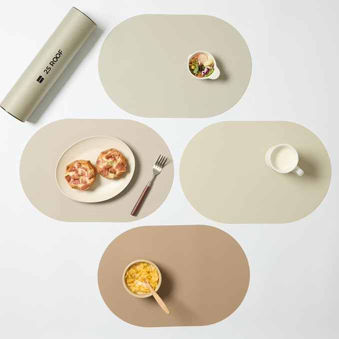 Beige Mixed Oval Silicone Placemats Set of 4 – Heat Resistant, Waterproof, Easy to Clean Non-Slip Modern Dining Table Mats – Premium Leather Textured Japandi Kitchen Decor by Unknown