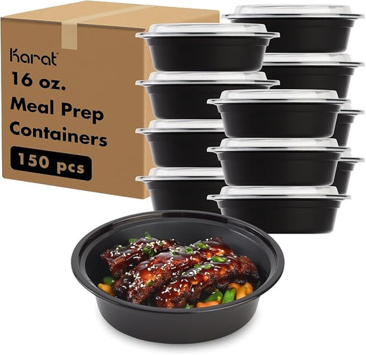 Karat Meal Prep Containers [16 oz - 150 ct] Reusable & Disposable Take Out Bowls with Lids - Microwave & Dishwasher Safe Bento Boxes by Karat