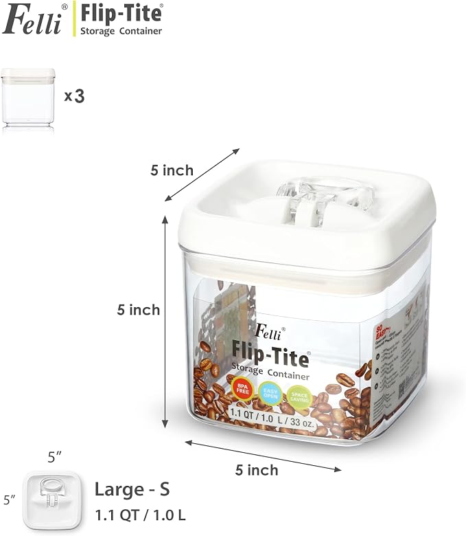 Felli Flip Tite Food Storage Container 5" LARGE Size Airtight Lid Lock Top, Stackable Kitchen Canister for Space Saving, Pantry Fridge Cupboard Organizer, Spice Seasoning Pet Treats Snack (1.1 qt) - Image 2
