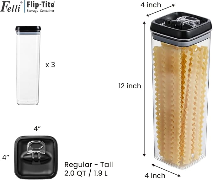 Felli Flip Tite TALL Storage Container with Lid 4" Air Tight Easy Open Ring Top, Clear Acrylic Skinny Canister Jar for Spaghetti Lasagna Fettuccine Noodle, Kitchen Cupboard Pantry Organizer (2.0 qt) - Image 3