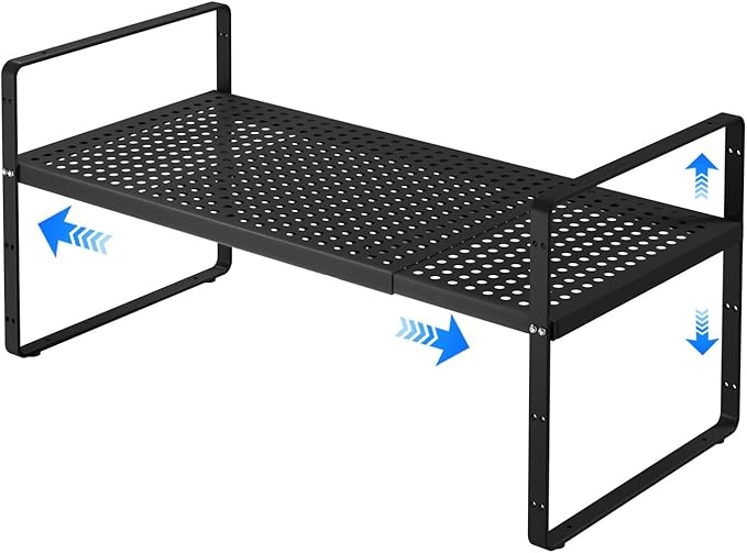 Expandable Kitchen Shelf Organizers, Kitchen Cabinet Organizer Stand Rack Organization for Countertop Cupborad Pantry Spice Rack, Black 1 Pack by KIKIBRO
