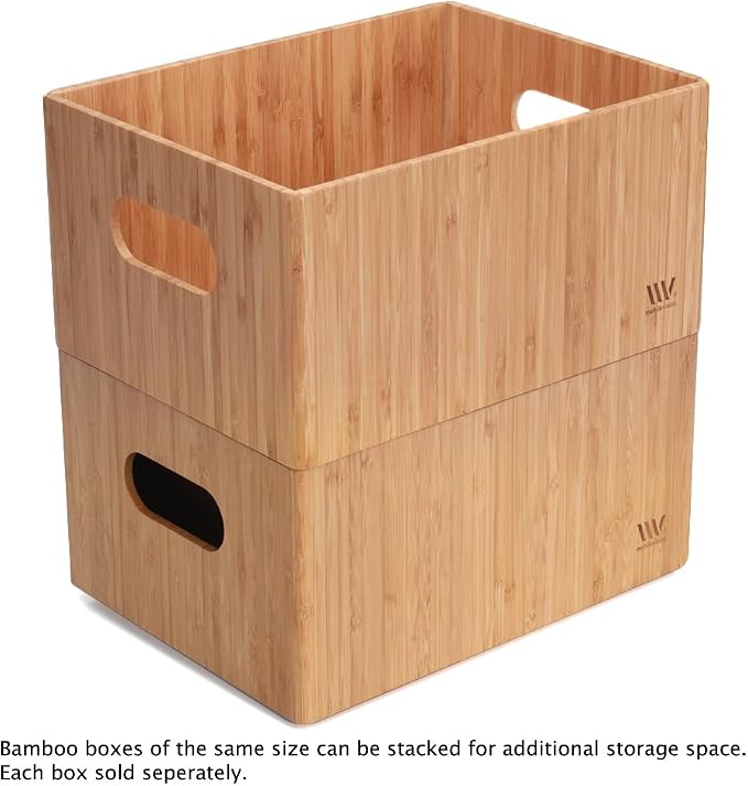 MobileVision Bamboo Storage Box Multi-Purpose Organizer for Kitchen Supplies Holder, Fruit Bin, Cabinets, Pantry with built in handles, stackable, 12” x 9” x 6” With White Clip Included - Image 3