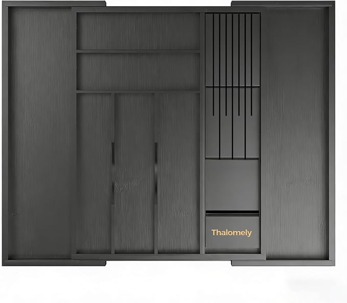 Bamboo Kitchen Drawer Organizer, Expandable Silverware Organizer with Removable Knife Block, 6-8 Slots- Utensil Holder & Cutlery Tray Drawer Dividers, 2.36" Deep for Extra Capacity, Black - Image 2