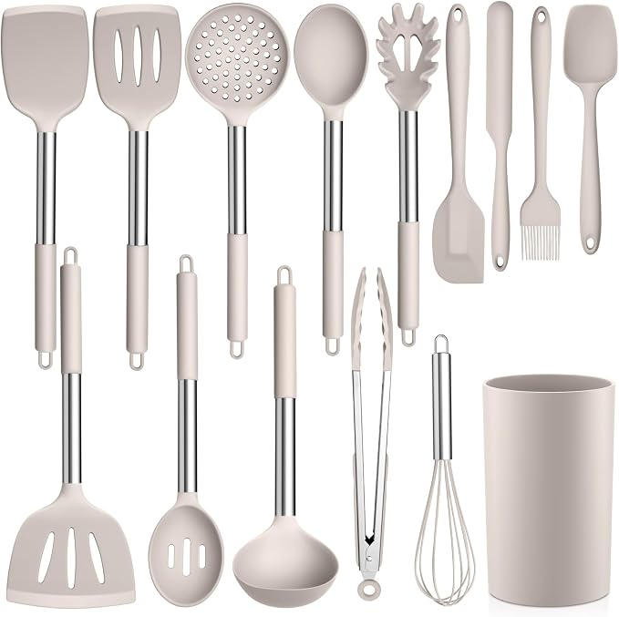 LIANYU 15 Pcs Cooking Utensils Set, Silicone Kitchen Tools with Holder | Heat Resistant, Kitchen Gadgets with Stainless Steel Handle, Brush Spatula Spoon Whisk for Cookware, Dishwasher Safe, Khaki by LIANYU