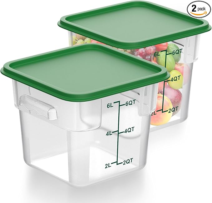 FoldTier 2 Pieces Square Food Storage Containers Polycarbonate Clear Food Container with Lid Commercial Food Storage with Graduations for Commercial Kitchen Dough Marinating Meat(Green, 6 Qt) by FoldTier