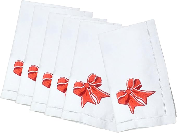 Embroidered Cloth Napkin Red Bow Cotton Napkins Set of 6, 20 x 20 Hemstitch Table Napkins, Machine Washable, for Daily & Holiday Dining, Great Gift Ideas by Unknown
