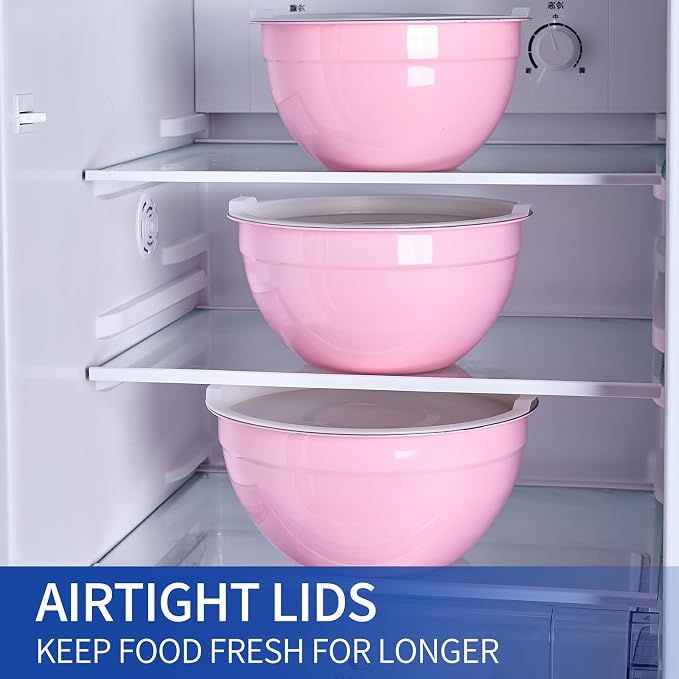 Pink Mixing Bowls With Airtight Lids,Stainless Steel Bowl,Salad Bowls 7 Piece Colorful Nesting Bowl Pink Kitchen Accessories,Size 7,3.6,2.7,2.1,1.5,1.1,0.8QT Stackable Design - Image 6