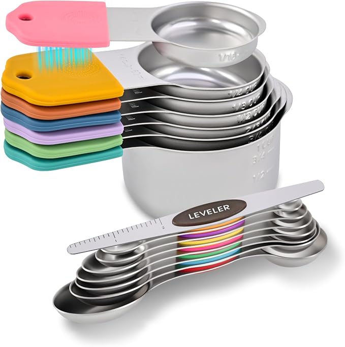 EDELIN Magnetic Measuring Cups and Spoons Set, Stainless Steel 7 cup and 7 spoon with 1 Leveler, 18/8 304 stainless steel (Multicolour 15 sets) by EDELIN