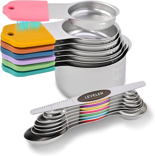 EDELIN Magnetic Measuring Cups and Spoons Set, Stainless Steel 7 cup and 7 spoon with 1 Leveler, 18/8 304 stainless steel (Multicolour 15 sets) by EDELIN