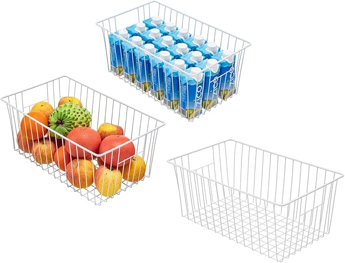 16" Upright Freezer Organizer Baskets, Wire Storage Bakset Bins for Freezer, Pantry, Kitchen, Bathroom Organizing, White, Set of 3 by Unknown