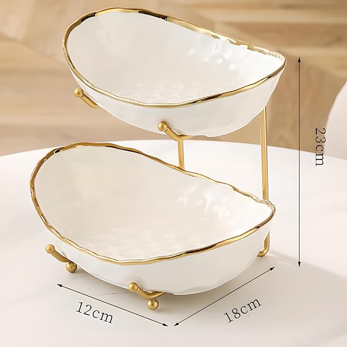 White Fruit Bowl with Gold Metal Stand, 2 Tier Modern Ceramic Fruit Bowl Fruit Rack for Kitchen Counter, Tiered Fruit Basket for Snacks Bread Candy Storage (White A,2 Tier) - Image 2