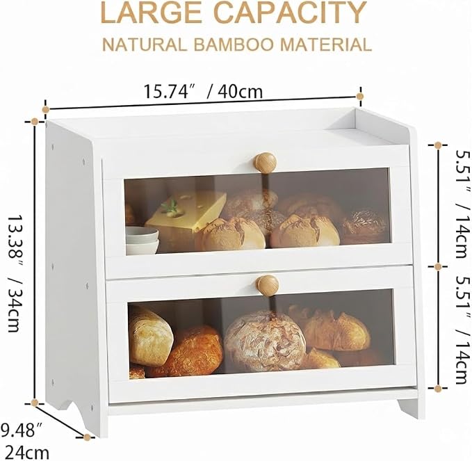 BAMBANG Bread Box for Kitchen Countertop, Extra Large Bamboo Bread Storage Container for Homemade Bread, Double Layer Sourdough Breadox, Bread Bin Organizer for Counter Cabinet Pantry, White - Image 3