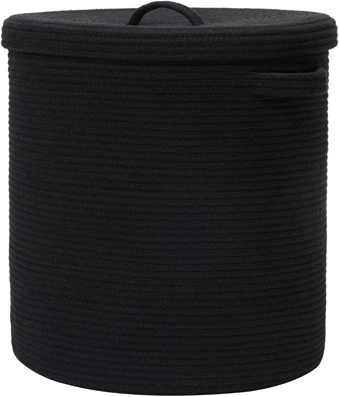 16x18 Inch Extra Large Round Cotton Rope Storage Basket with Lid, Decorative Woven Bin with Cover for Living Room Bedroom Closet, Black by Cottonphant