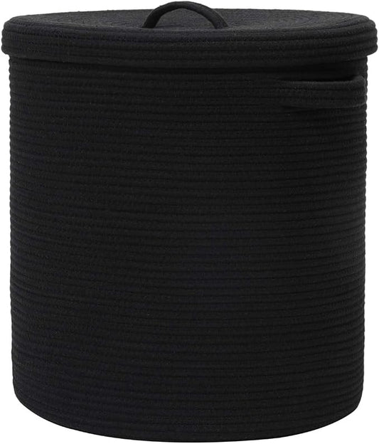 16x18 Inch Extra Large Round Cotton Rope Storage Basket with Lid, Decorative Woven Bin with Cover for Living Room Bedroom Closet, Black by Cottonphant